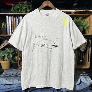 Vintage 80s Florida Shark Tee Large Gray Black Animal Print Single Stitch Shirt